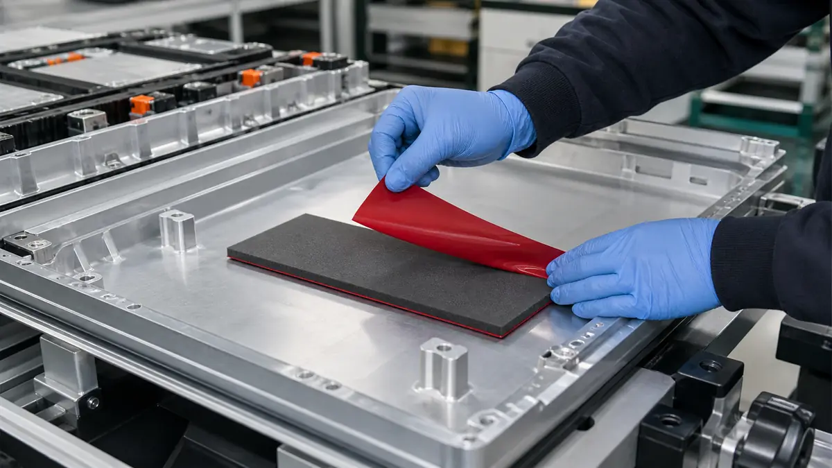 Technician peeling a red liner from double-sided tape while positioning a dark foam pad on an aluminum EV battery pack tray